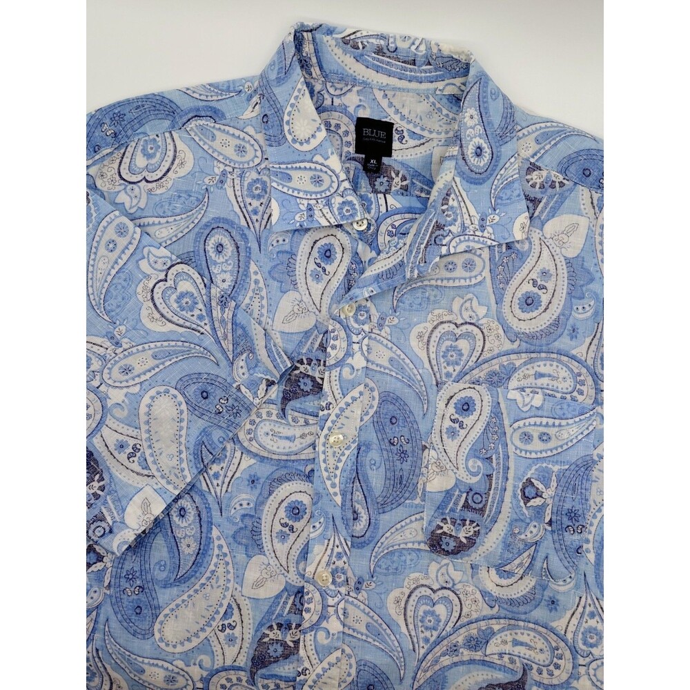 Blue Saks Fifth Avenue 100% Linen Paisley Shirt Men's XL Blue Pocket Resortwear